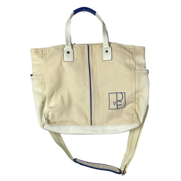 Diane Von Furstenberg Beige & Blue Canvas Beach Tote - Picture 1 of 8